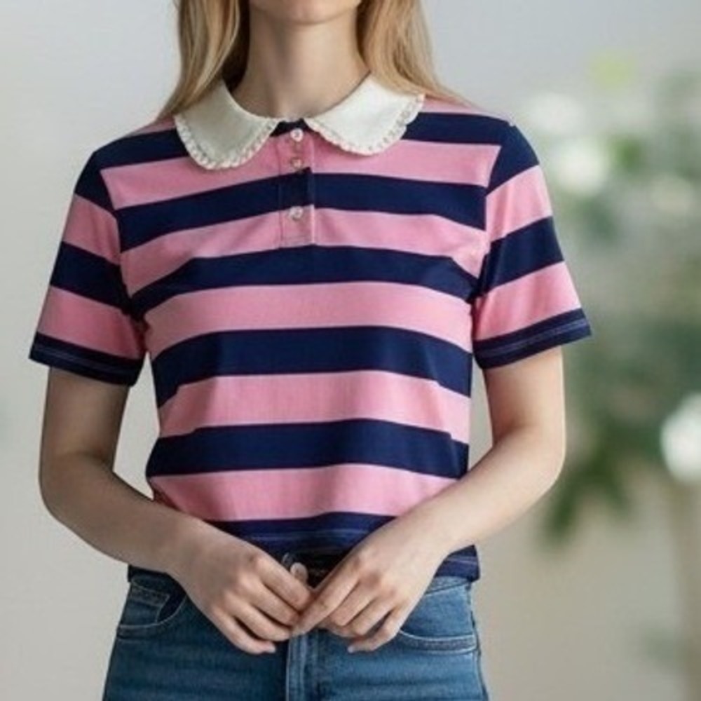 Owillo‎ Striped Polo Shirt bWomens Small Pink Blue Cropped Ruffle Collar Cotton